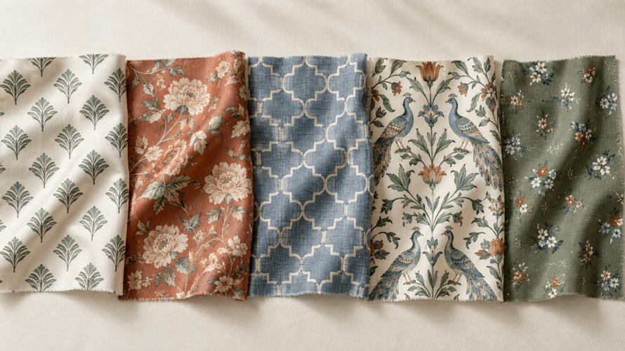 Fabric swatches showing different textile pattern repeat rhythms