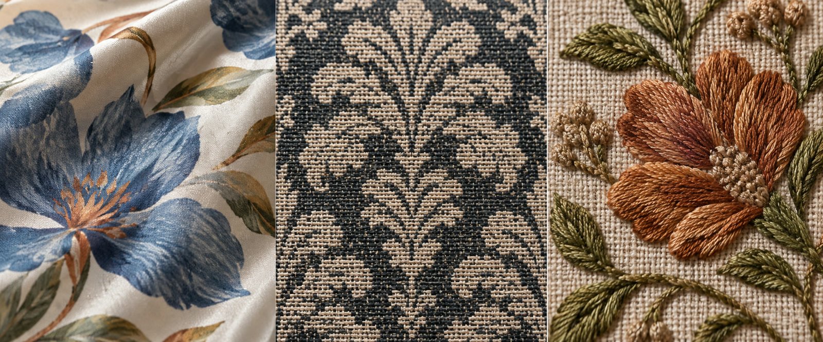 fabric pattern vs print weave embroidery Macro comparison of printed, woven and embroidered textile surfaces