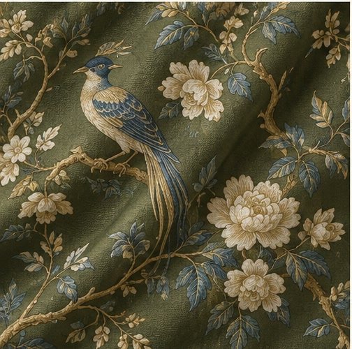 Chinoiserie fabric pattern swatch with birds, flowers and branches