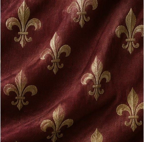Fleur-de-lis fabric pattern swatch with repeated heraldic motifs