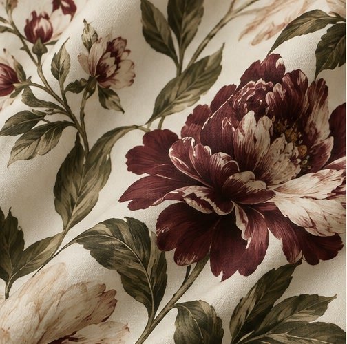 Floral fabric pattern swatch with large botanical flowers and leaves