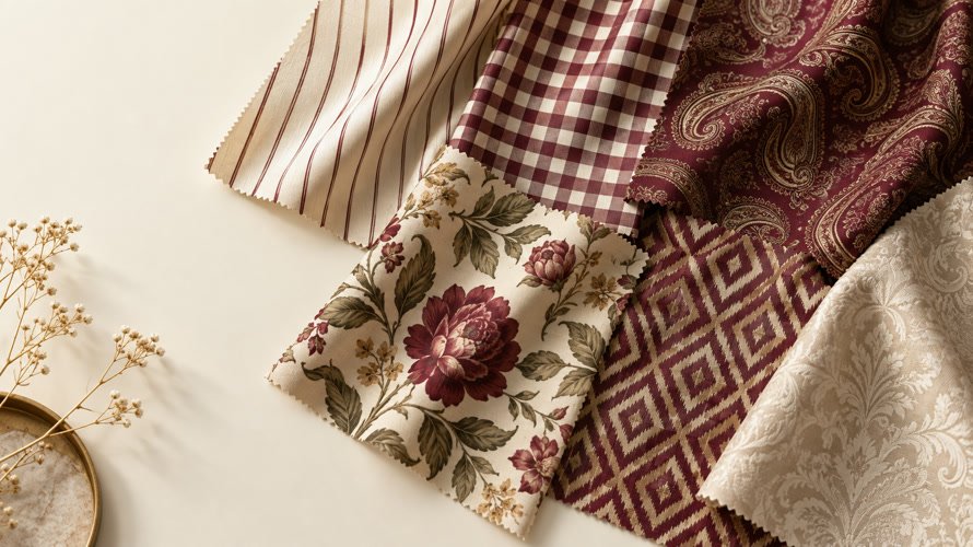 Fabric pattern swatches showing stripe, check, paisley, floral and geometric textile designs