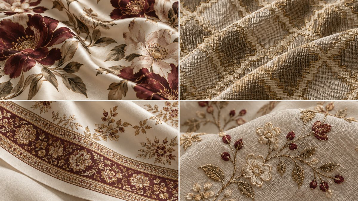 Printed, woven, border and embroidered fabric pattern routes