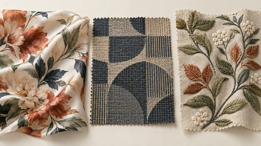 Printed, woven and embroidered textile samples compared on a studio table