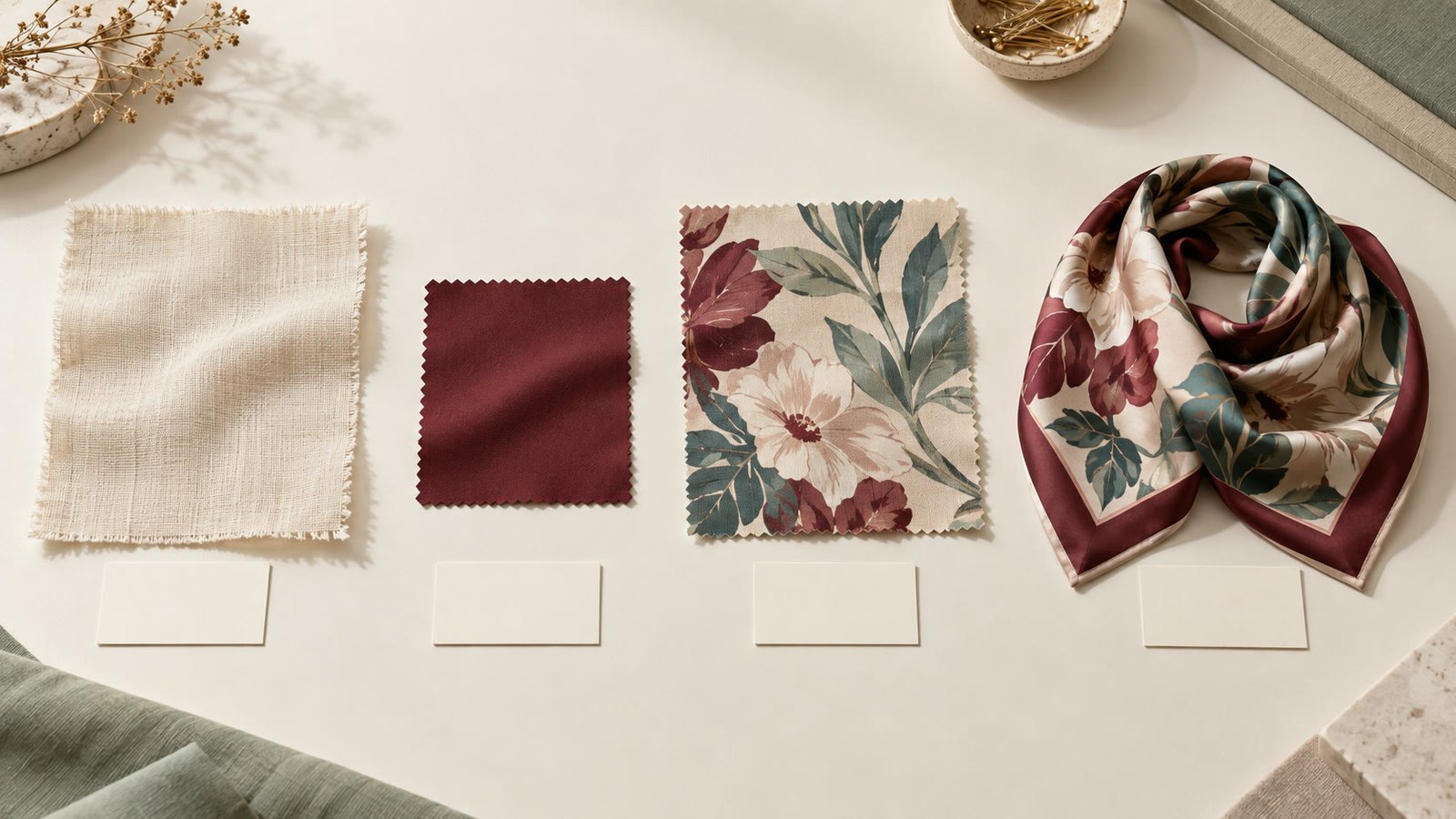Fabric swatch, colour sample, print strike-off and finished textile sample