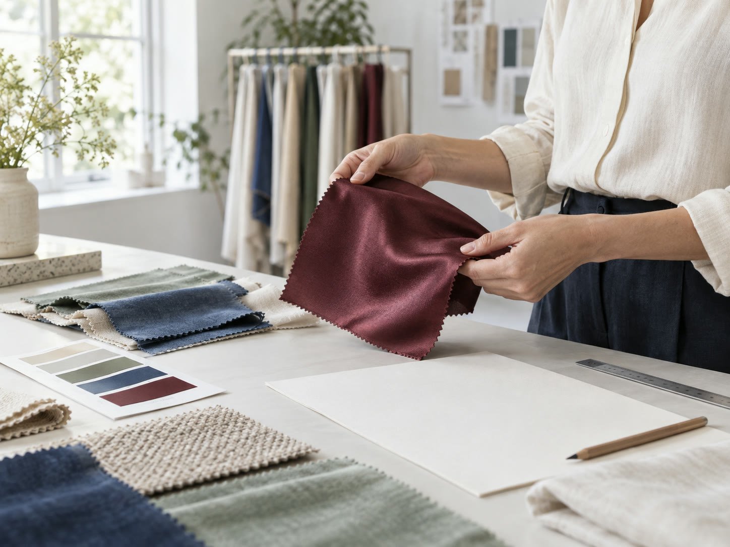 Buyer reviewing a labelled fabric swatch and colour reference