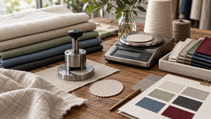 Fabric GSM measurement with a circular cutter, scale, swatches and buyer specification card on a textile table