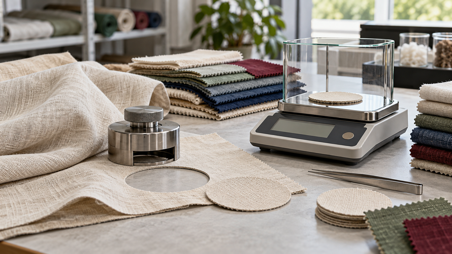fabric weight gsm guide process Fabric GSM measurement workflow with circular cutter, conditioned swatch, precision scale and calculation card