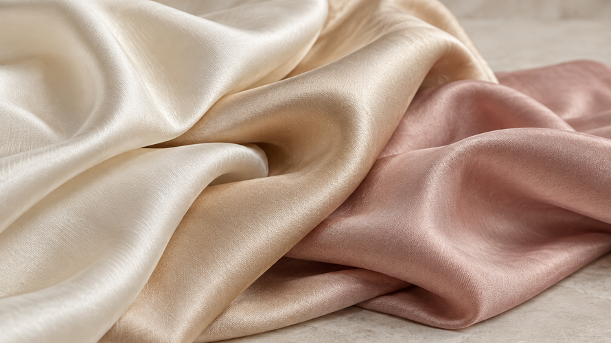 Folded silk fabric in ivory champagne and muted rose