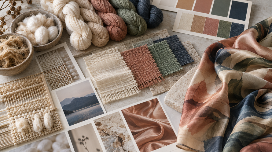 Custom textile development with fibres, yarns, artwork, fabric swatches and finished scarf approval board