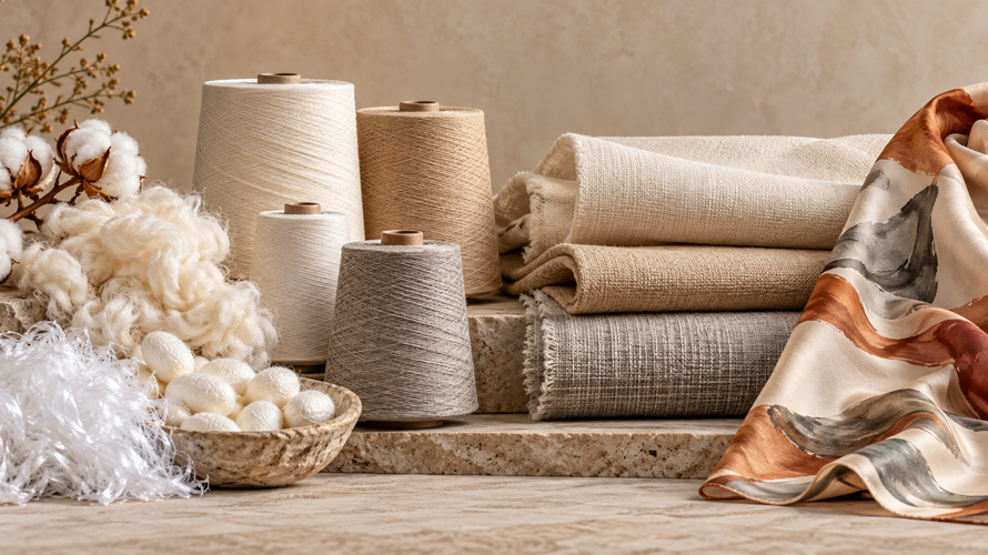 Textile production chain shown with natural and manufactured fibres, yarns, woven fabric and finished scarf swatches