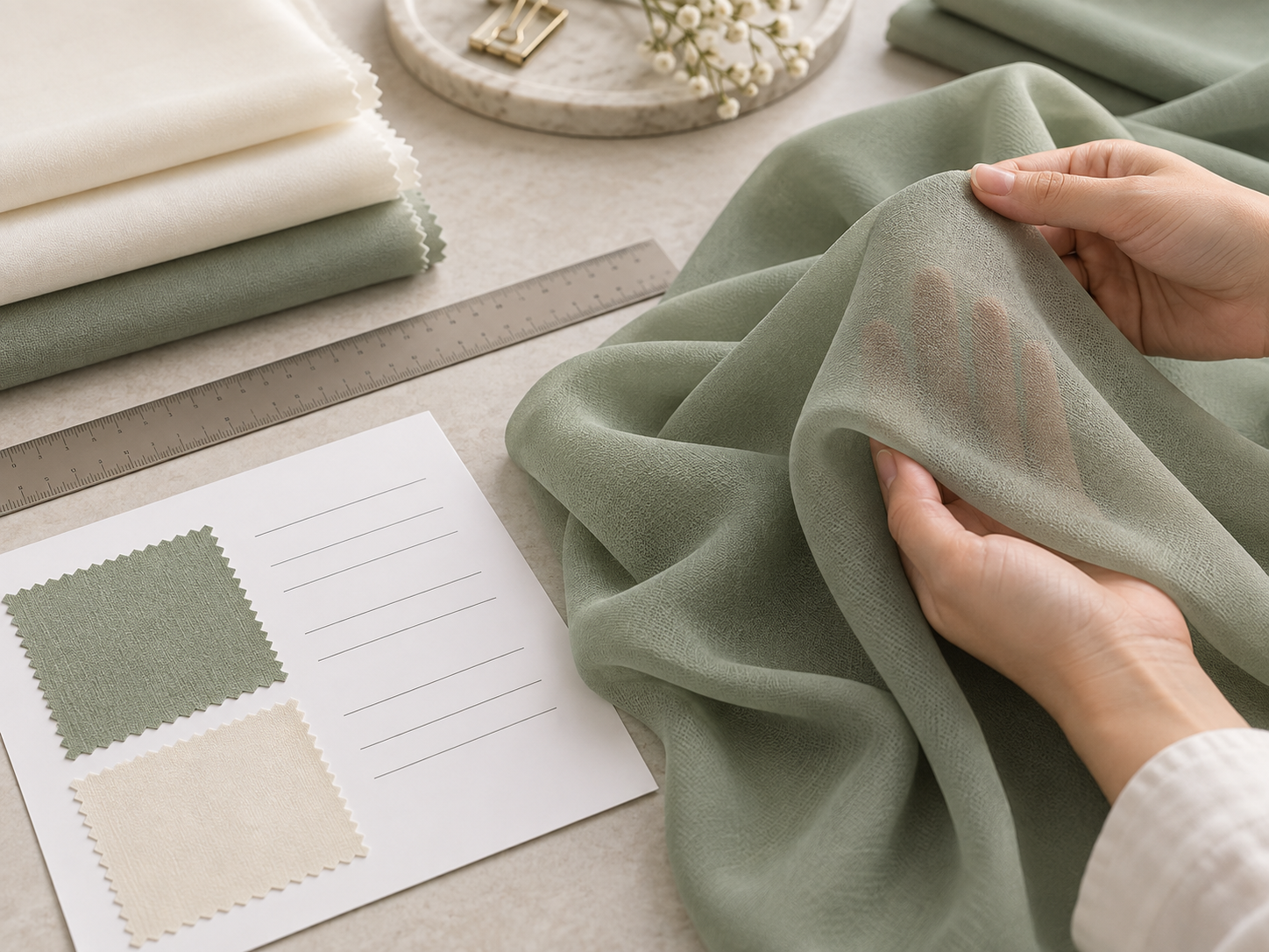 georgette buyer check Buyer checking georgette fabric opacity, drape and width with a specification sheet