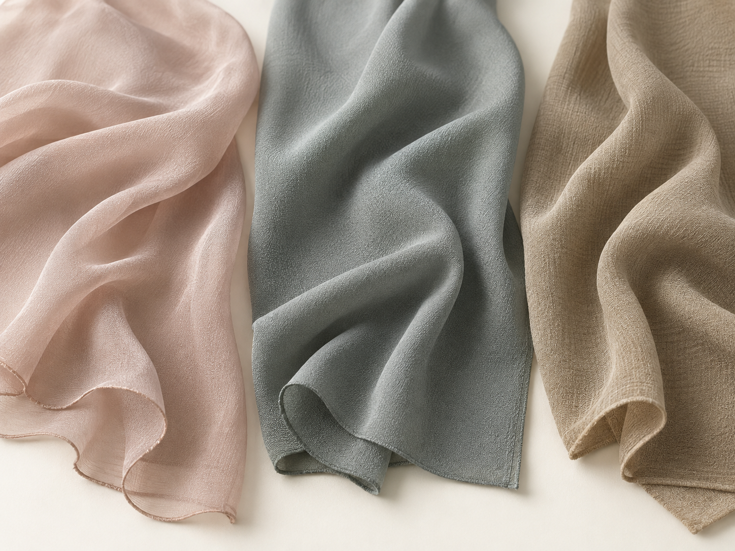 georgette types comparison Silk, polyester and viscose georgette swatches compared by surface and drape