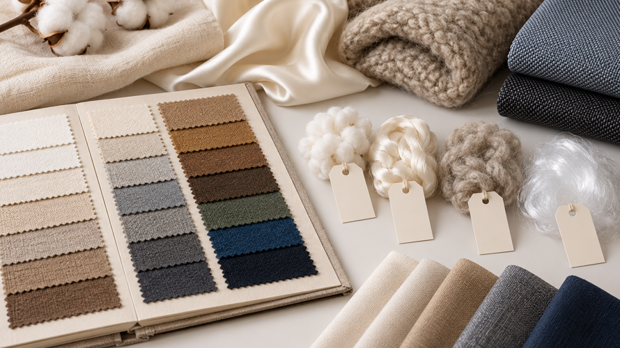Fabric content identification with fibre labels, supplier documents, swatches, microscope sample and testing notes on a textile table