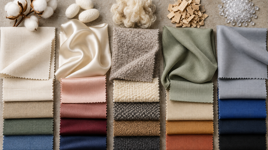 how to identify fabric content types Cotton, silk, rayon, polyester, wool and blended fabric swatches compared by construction and surface