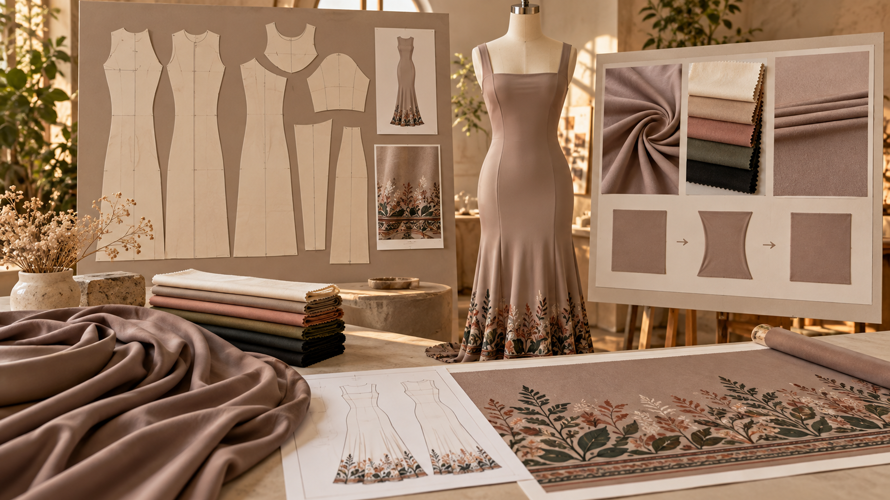 is viscose stretchy development Viscose stretch product development with pattern pieces, fabric swatches, fit sample and recovery test chart