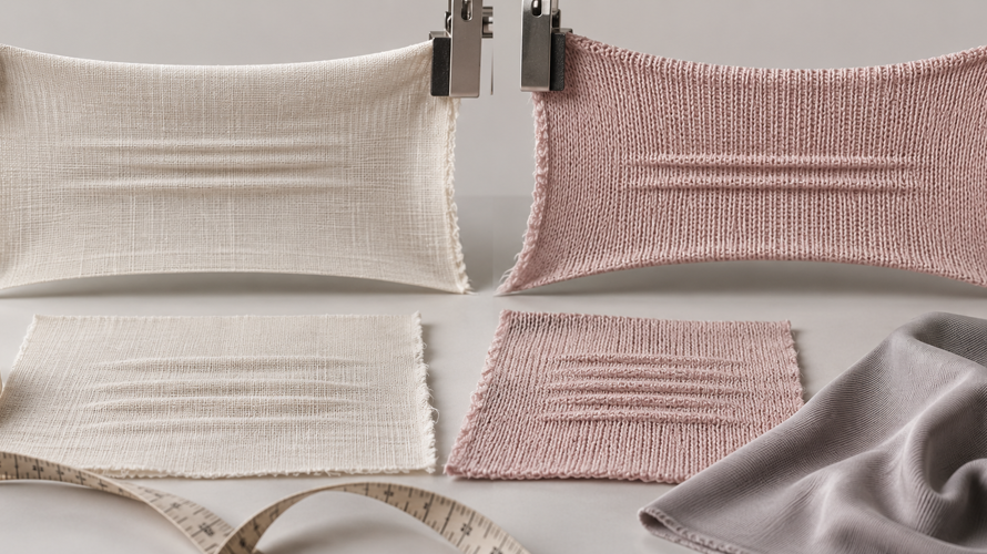 is viscose stretchy process Viscose stretch test with marked length, crosswise pull, bias sample, recovery timer and fabric construction notes