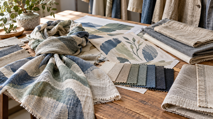 Custom linen-cotton textile development with fabric swatches, artwork and finished edge review