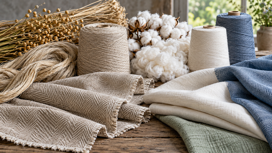 Flax linen and cotton fibre preparation with yarn cones and woven cloth samples for comparison