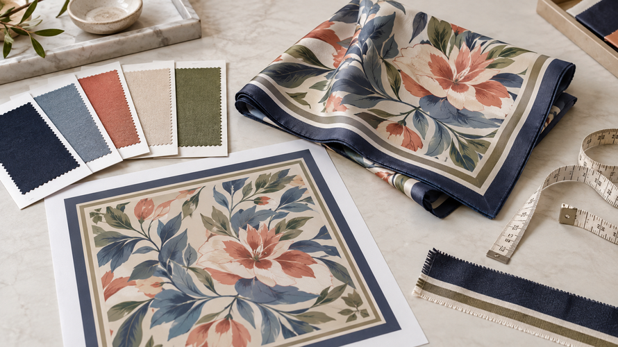 modal buyer approval Modal fabric swatches, printed scarf sample and finished edge for buyer approval