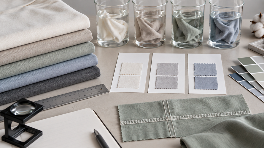 modal quality testing Modal fabric swatches arranged for care, colour and quality checks
