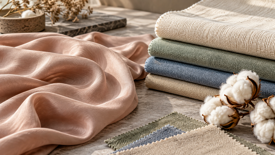 Modal and cotton fabric swatches compared by softness, drape, structure and surface on a textile development table