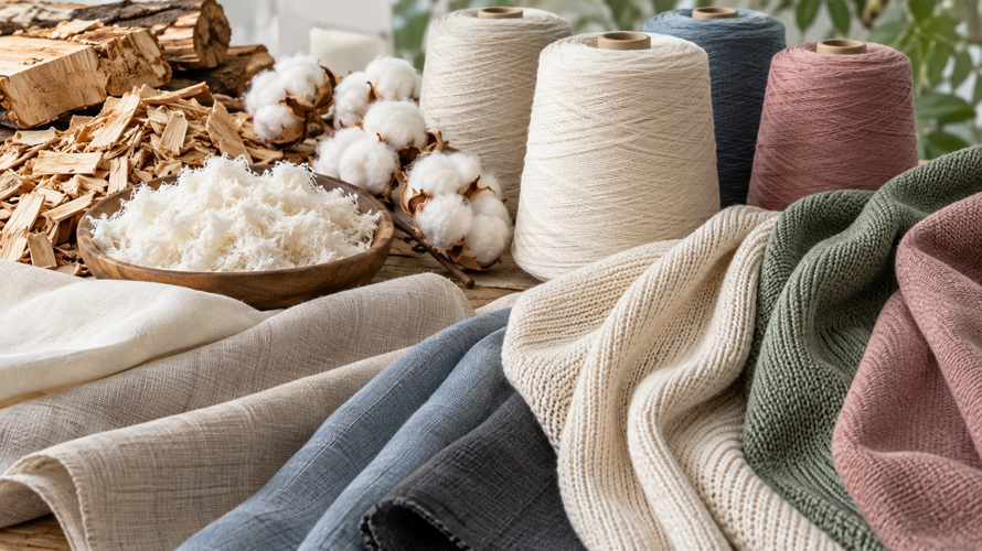 Modal and cotton fibre-to-yarn comparison with regenerated cellulose fibre, cotton staple and yarn cones