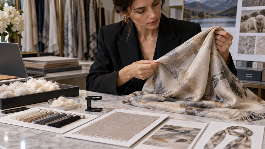 Pashmina and cashmere buyer checks with fibre content, fineness, yarn, origin wording, weave, care and finished sample records
