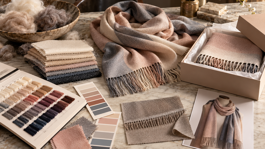 Custom luxury shawl development with cashmere and silk swatches, border artwork, fringe samples and finished approval