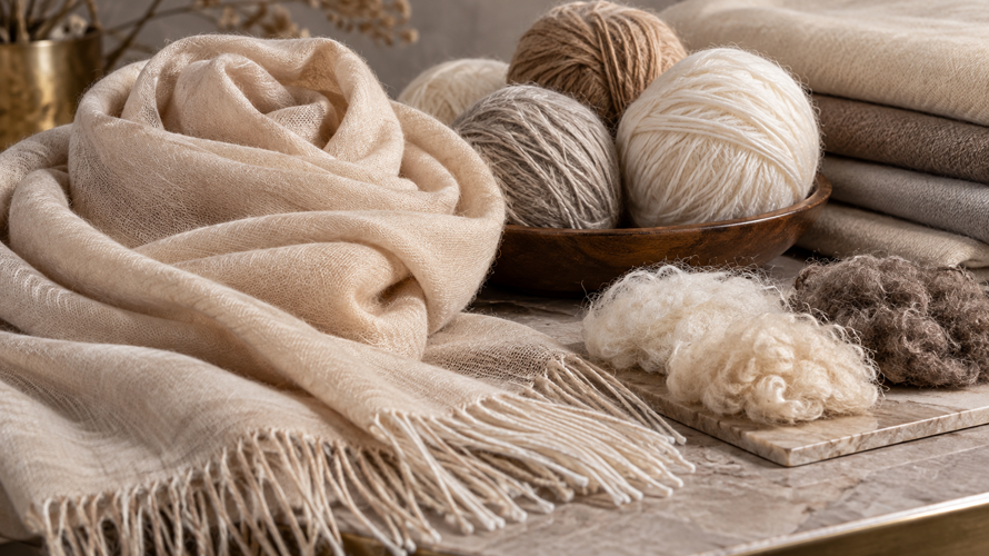 Fine cashmere and pashmina-inspired scarf swatches with fibre samples, yarn, shawl edges and provenance cards