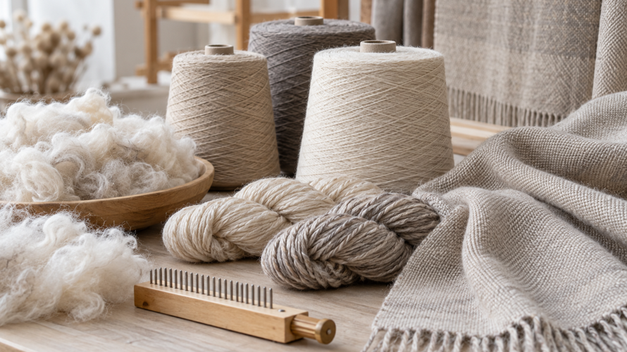 Cashmere and pashmina textile route with fine fibre tufts, dehairing, spun yarn, weaving and finished shawl samples