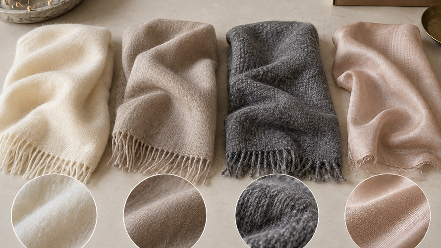 Cashmere, pashmina, cashmere-silk blend, woven shawl and brushed scarf swatches compared by hand and weight