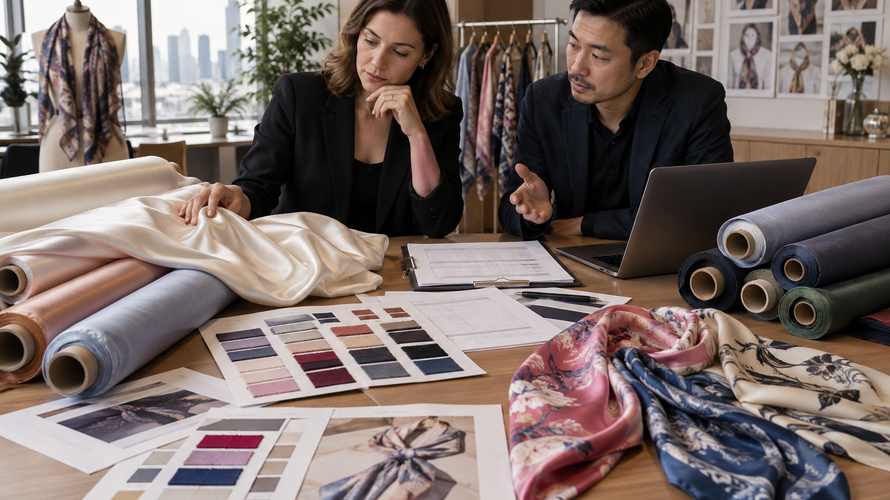 Textile buyer comparison of silk and polyester rolls swatches and finished scarves