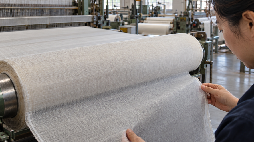 pongee mill inspection Lightweight pongee fabric inspected on a roll in a textile mill
