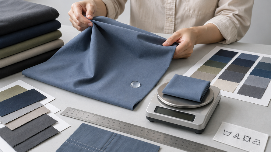 pongee quality checks Pongee fabric buyer quality checks with ruler GSM colour cards and care sample