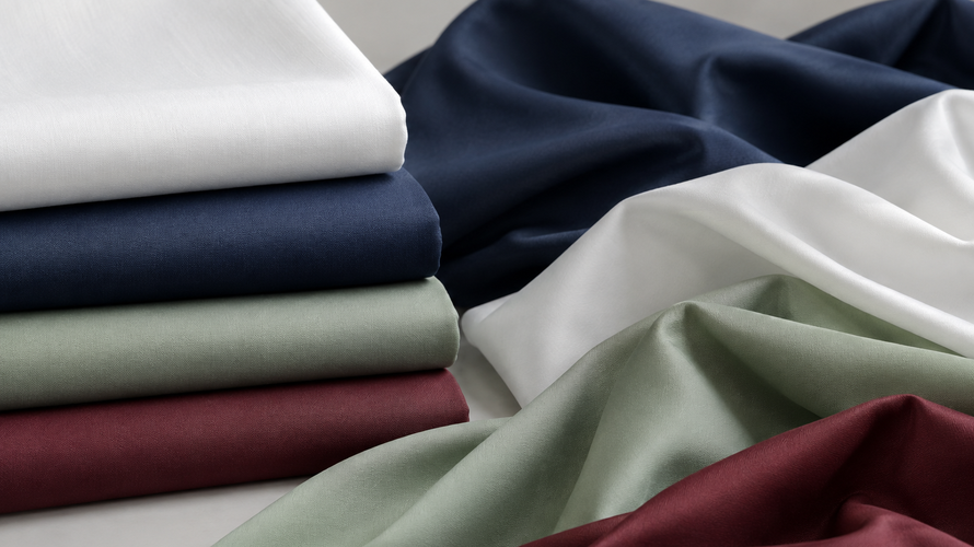 Crisp cotton silk-like and polyester poplin fabrics in a neutral studio