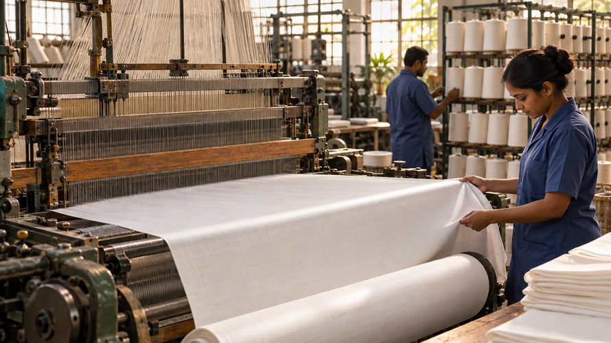 Poplin fabric being woven and inspected in a textile mill