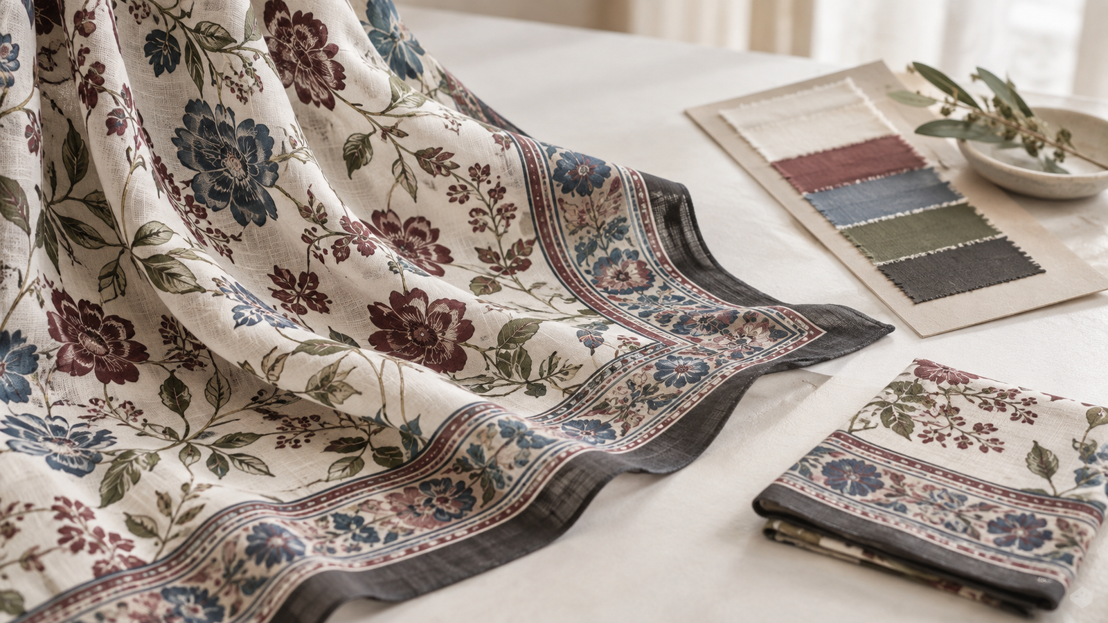 Printed viscose scarf fabric showing drape, border placement and repeat pattern
