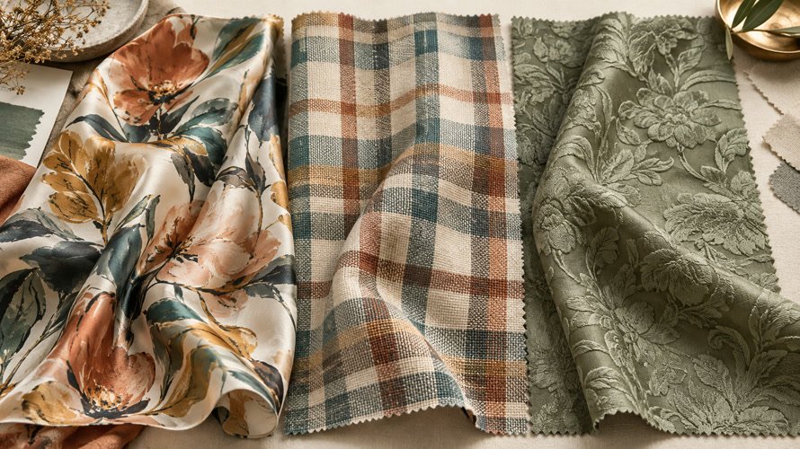 Printed, woven and jacquard fabric samples compared in a textile studio