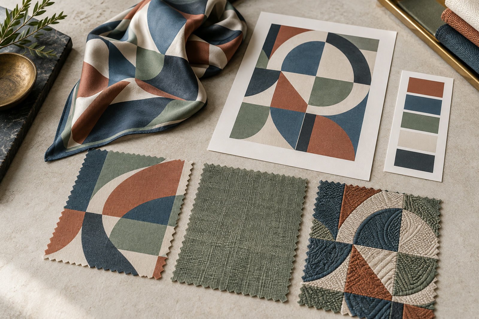 printed woven jacquard sample board Textile sample board for comparing printed, woven and jacquard pattern routes