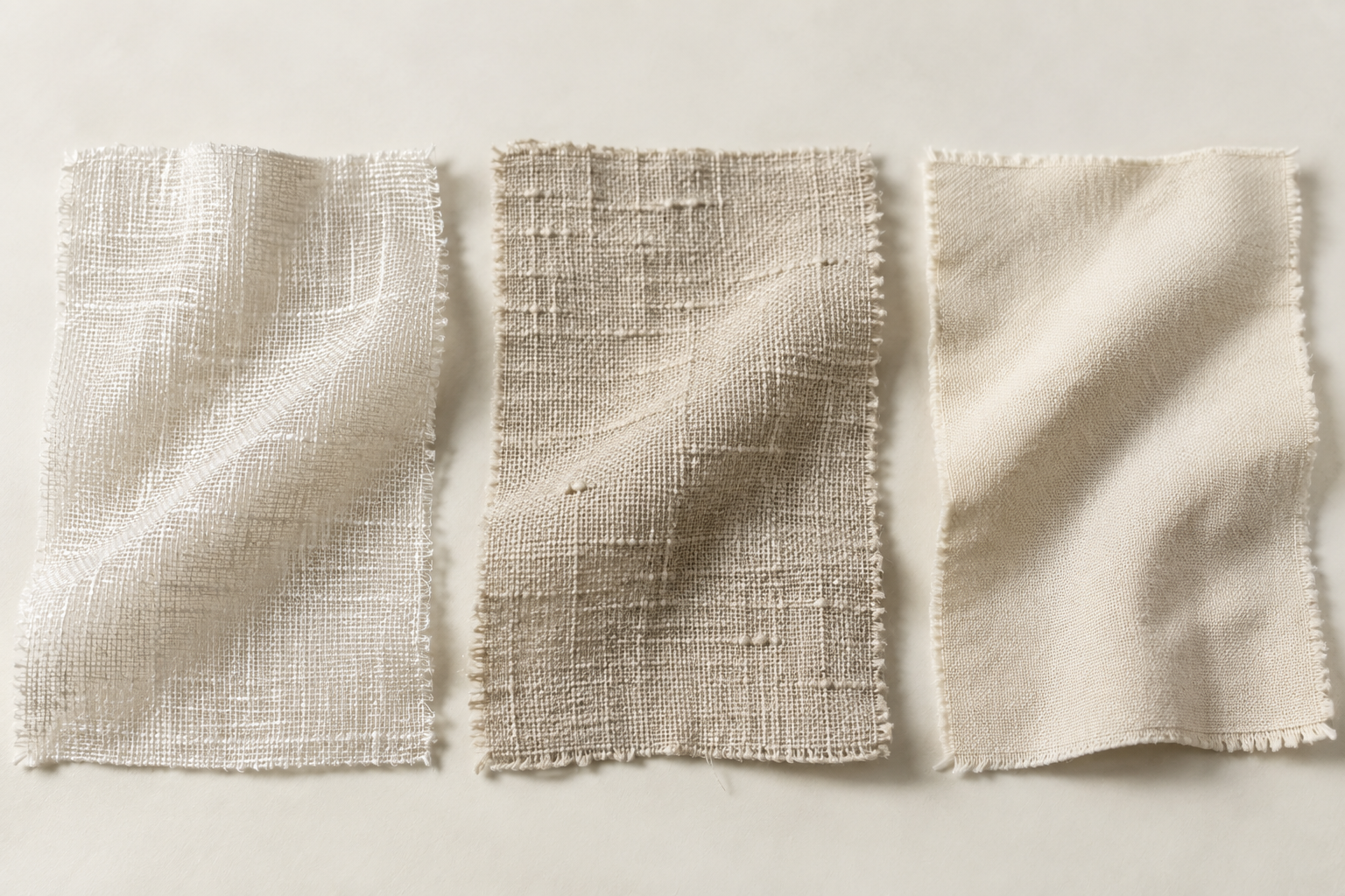 Ramie, linen and cotton textile swatches compared side by side
