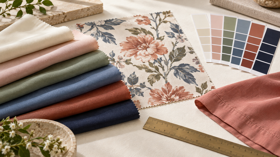 rayon buyer checks Rayon fabric swatches, print strike-off, ruler and finished edge samples for buyer approval