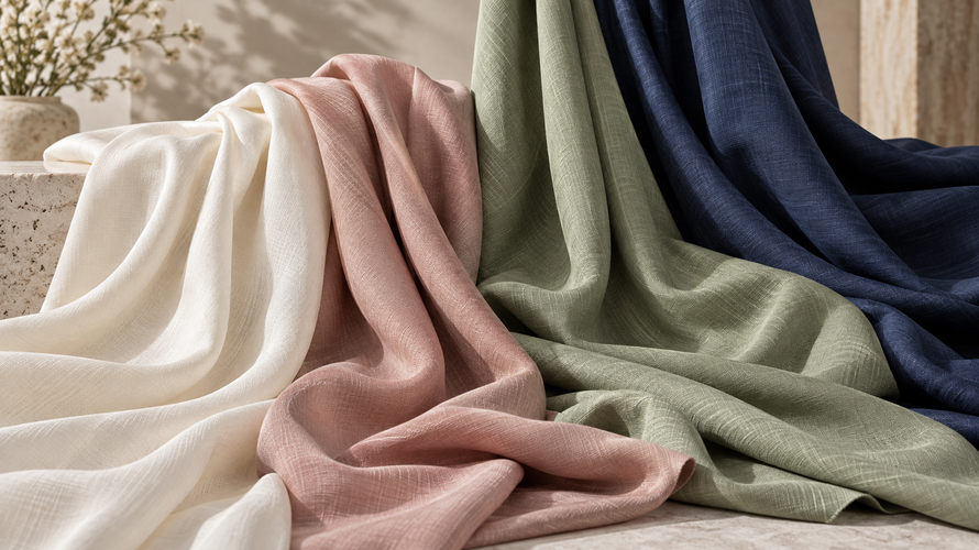Fluid rayon fabrics and regenerated cellulose swatches arranged in a textile studio
