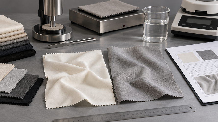 Rayon versus polyester buyer checks with composition labels, drape, moisture, heat, print and care samples