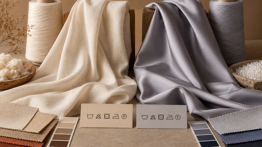 Rayon and polyester fabric swatches with contrasting drape, surface, care cards, yarn cones and colour samples