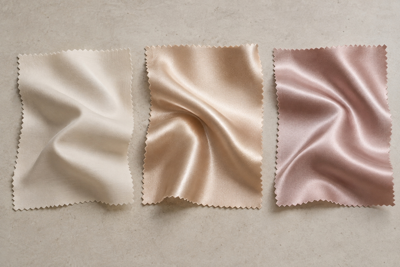 sateen-satin-swatch-comparison Unbranded cotton sateen, silk satin and polyester satin fabric swatches