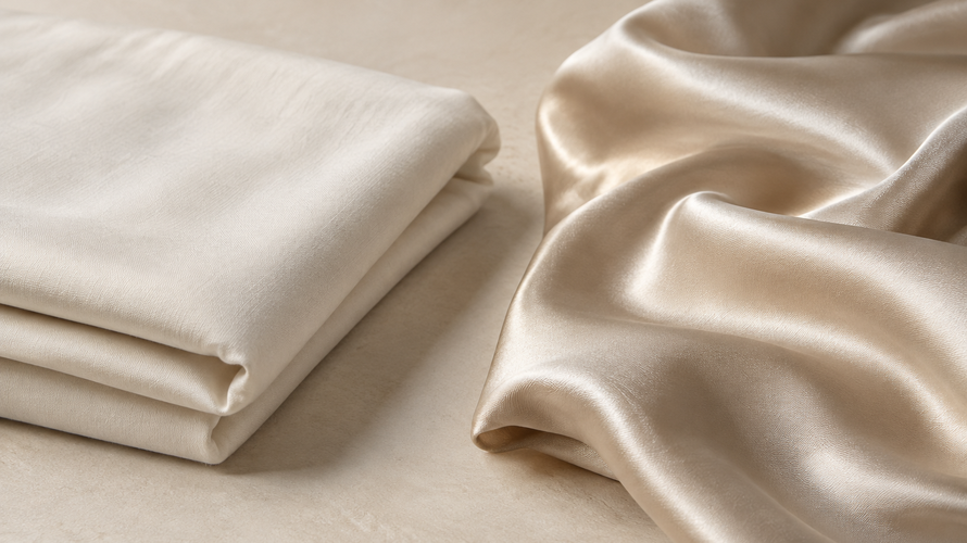 Cotton sateen and silk satin fabrics compared side by side