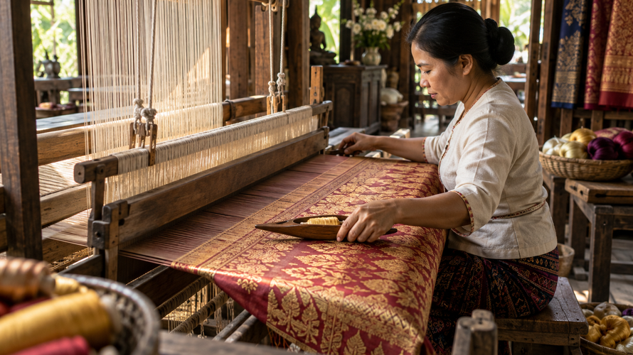 Silk loom weaving scene with warp threads and a patterned fabric