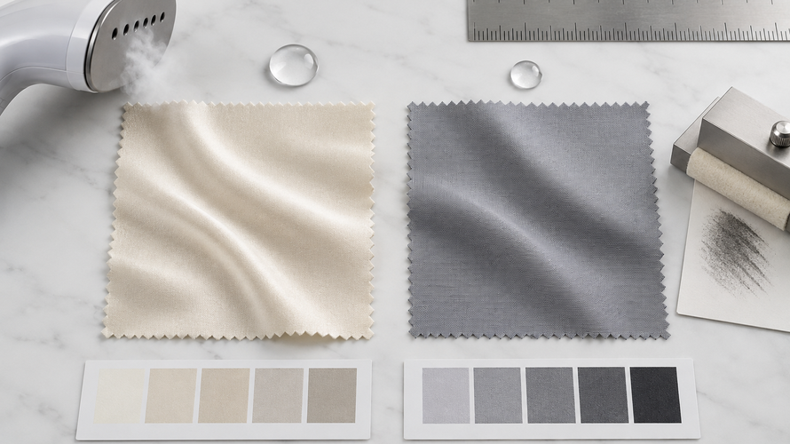 Silk and polyester fabric care and performance testing with water steam and abrasion checks