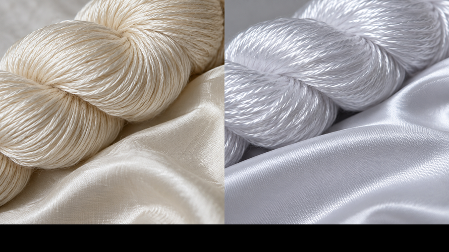 Close-up comparison of silk and polyester yarns and fabric surfaces